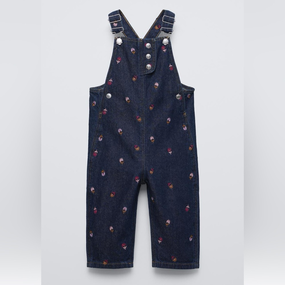 ZARA FLORAL EMBROIDERED DENIM OVERALLS